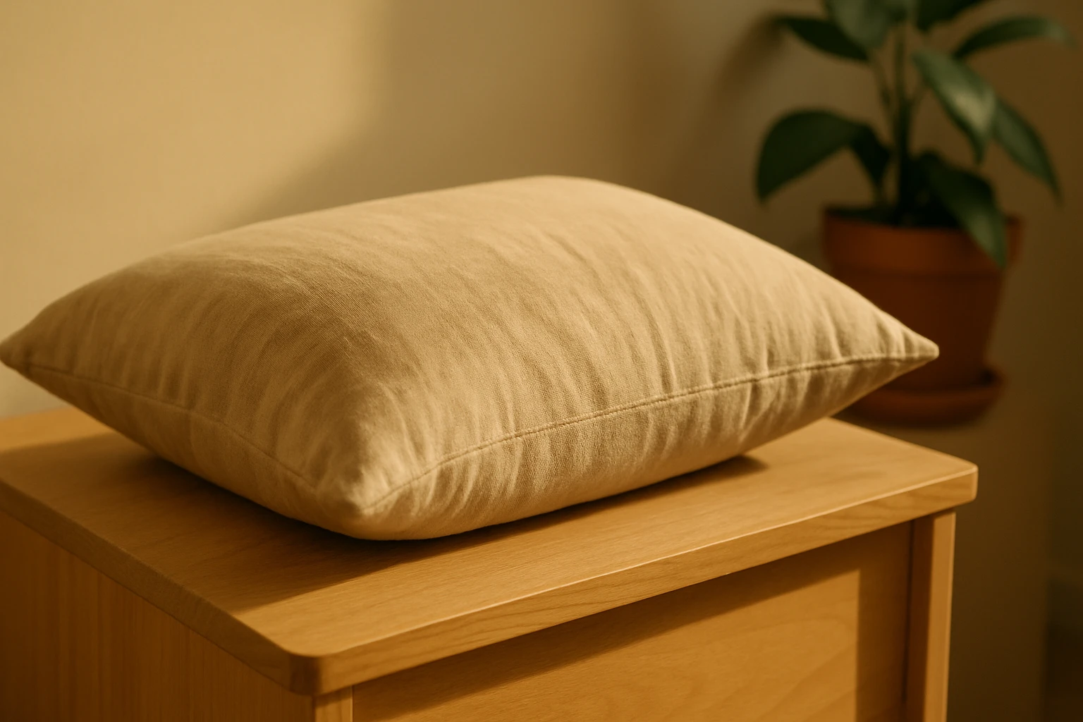 Egy bézs színű párna fekszik egy fából készült éjjeliszekrényen.