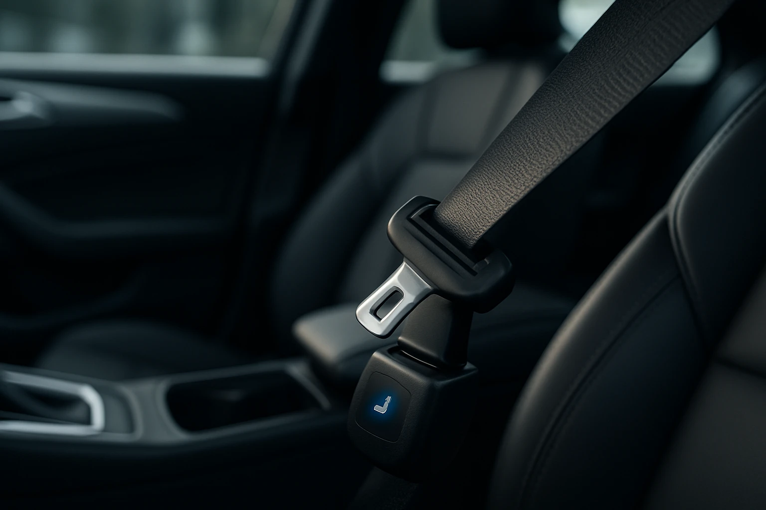 Egy autó biztonsági öve, amely a helyén van, háttérben sötét ülés.