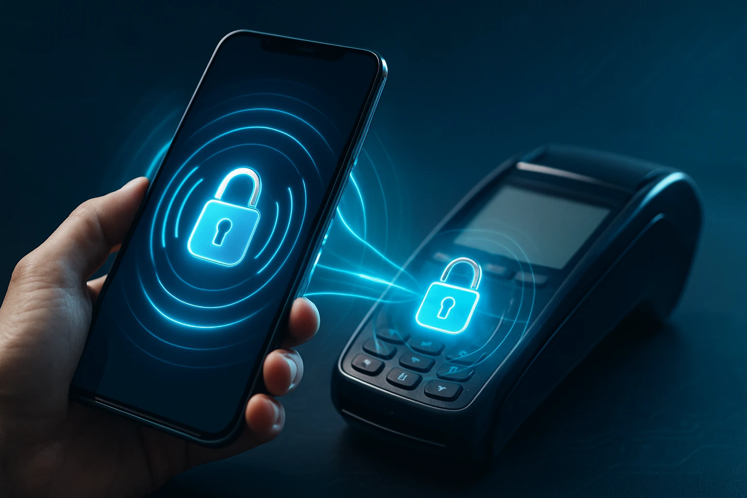 NFC-technológia – érintésmentes kommunikáció gyorsan és biztonságosan 2 Egy kézben tartott okostelefon, amelyen zár ikon látható, egy érintés nélküli terminál mellett.