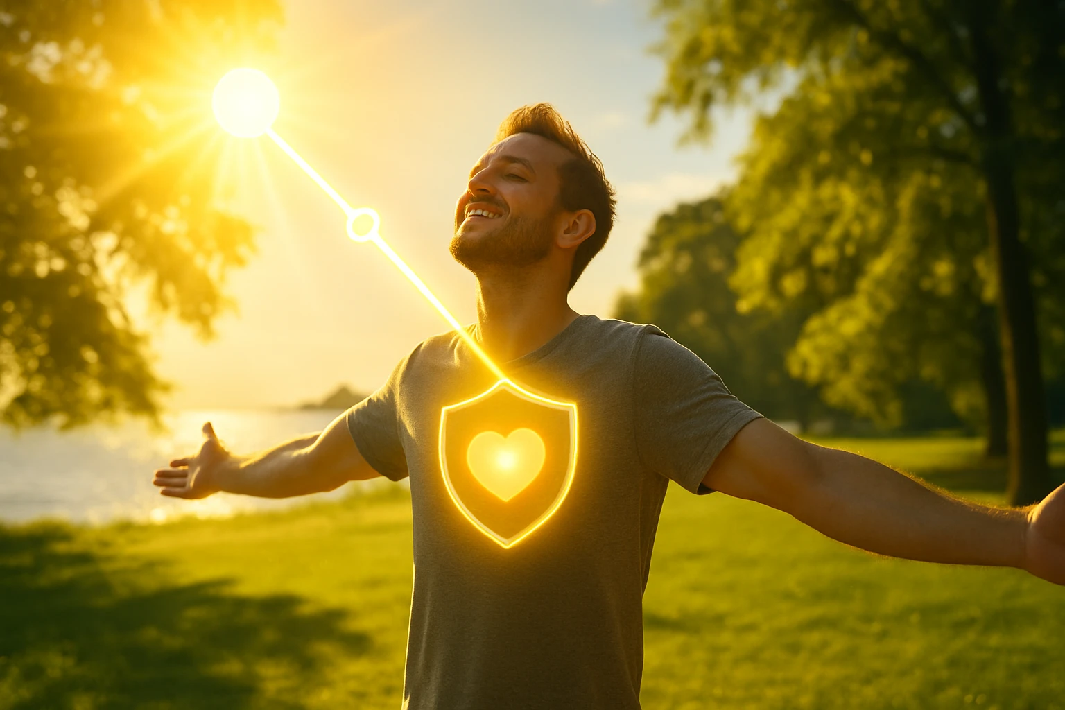 Egy férfi a szabadban, karjait kitárva, boldogan áll a napfényben.