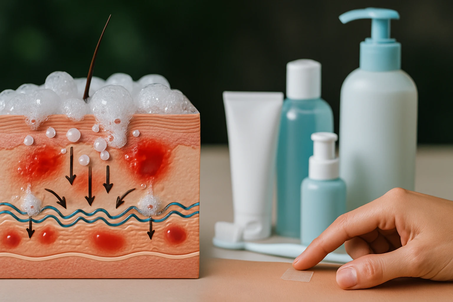 Bőr alatti folyamatokat bemutató illusztráció, hab és piros foltok láthatók.