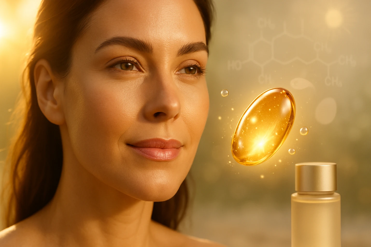 Egy nő arca, mellette egy aranyszínű kapszula és egy üveg, bőrápoló termék.