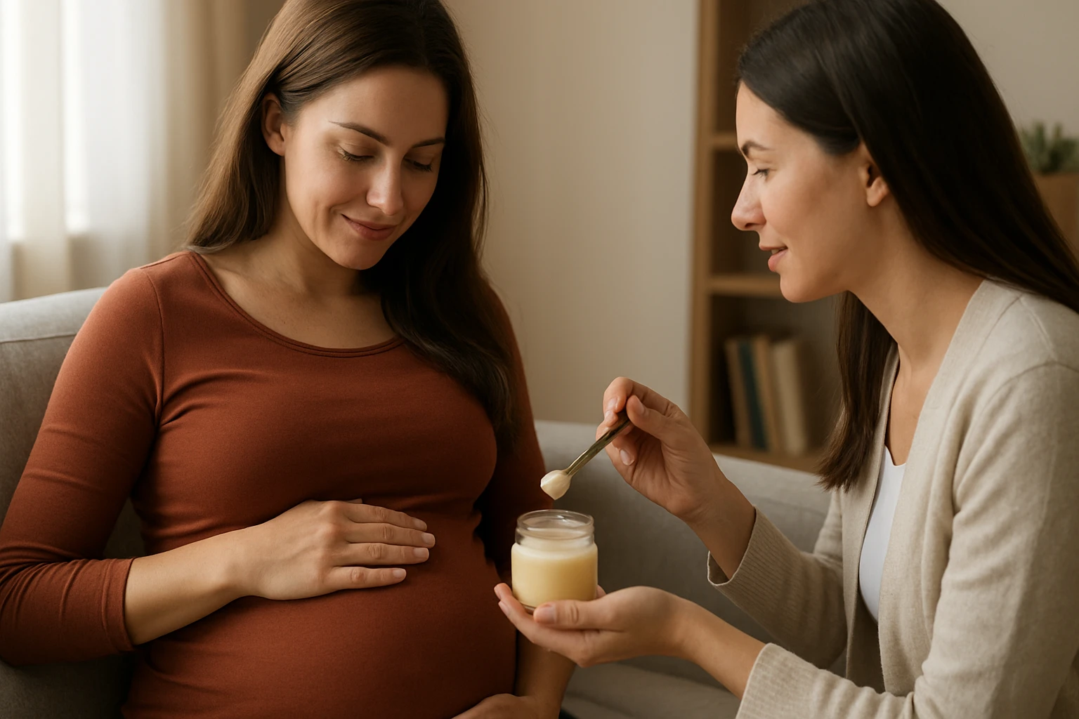 Két nő ül egy kanapén, az egyik terhes, a másik bőrápoló krémet mutat.