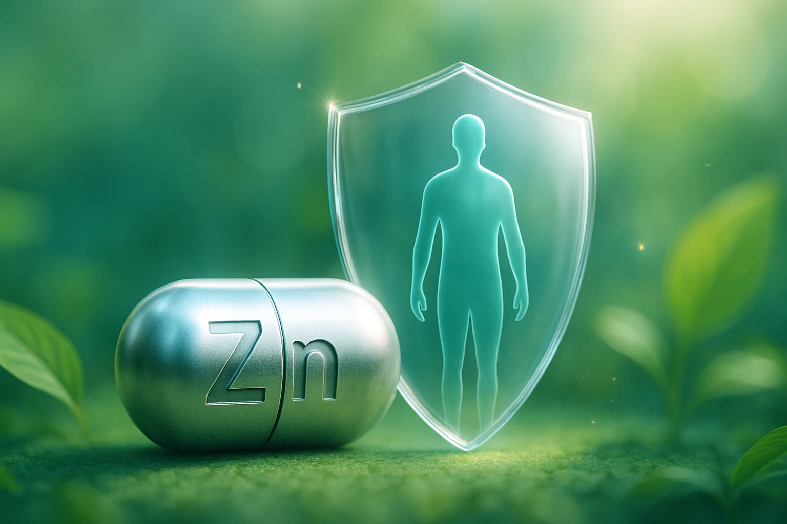 Egy ezüst kapszula, rajta Zn felirattal, védőpajzs mögött álló emberi sziluettel.