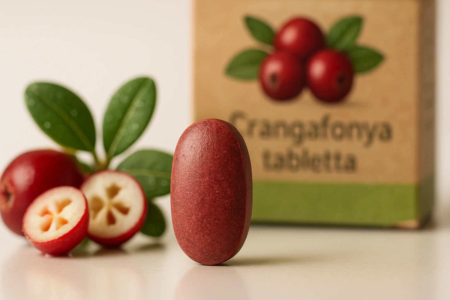 Egy piros crangafonya tabletta áll egy fehér felületen, mögötte friss gyümölcsök és zöld levelek láthatók.