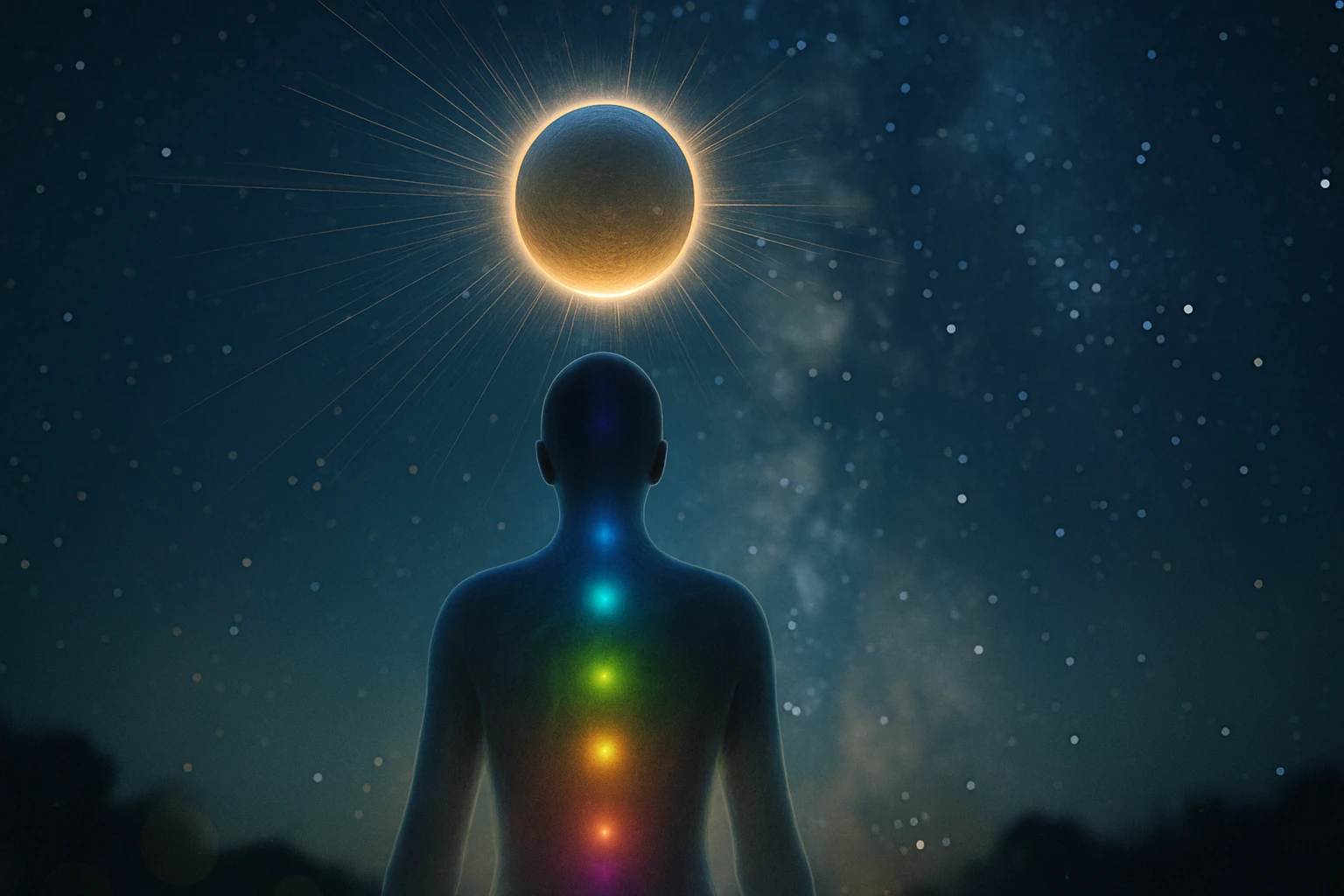 Egy emberi alak háttal áll, színes csakrák láthatók a gerincén, felette napfogyatkozás.