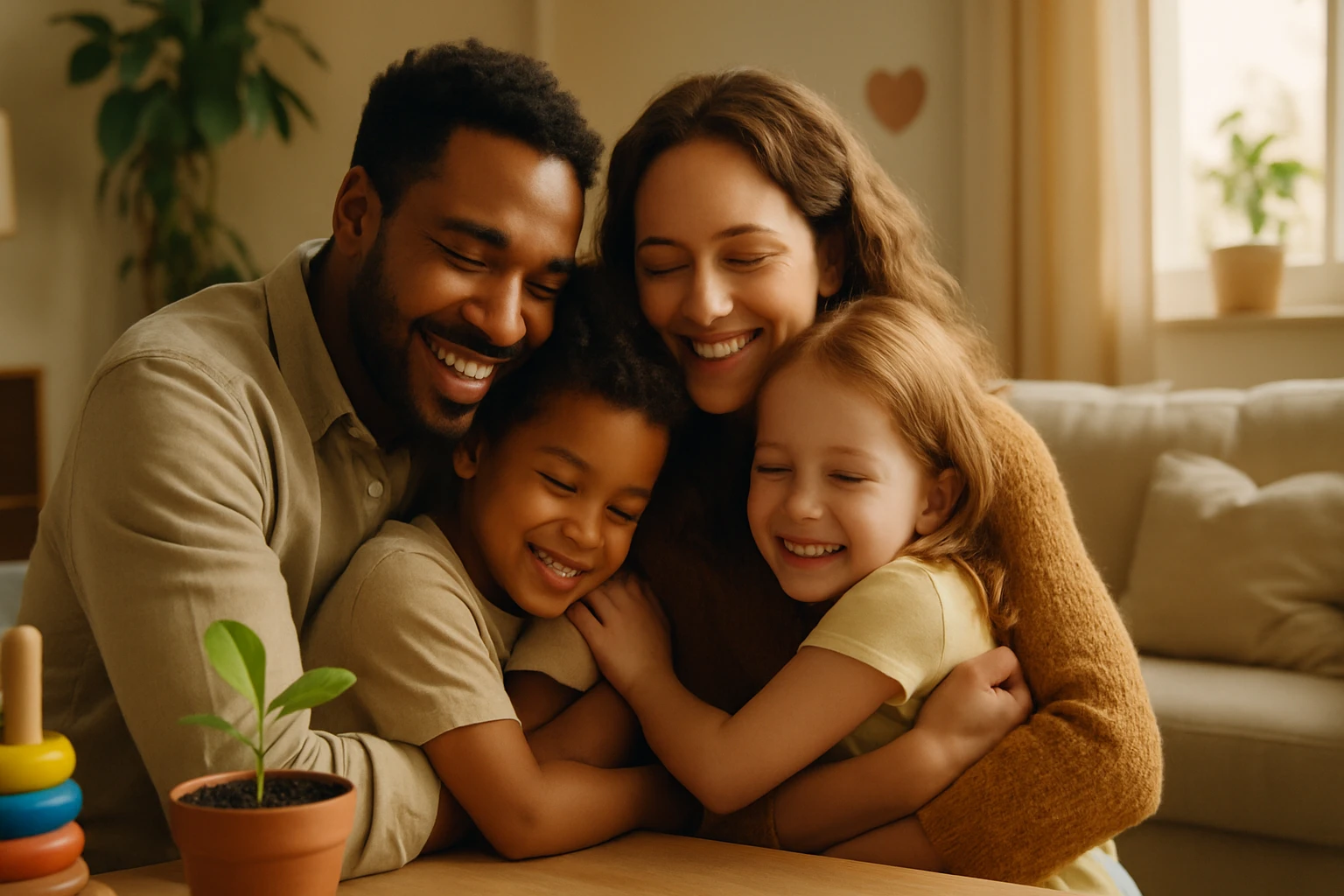 Egy boldog család ölelkezik, mosolyogva ülnek egy asztalnál.