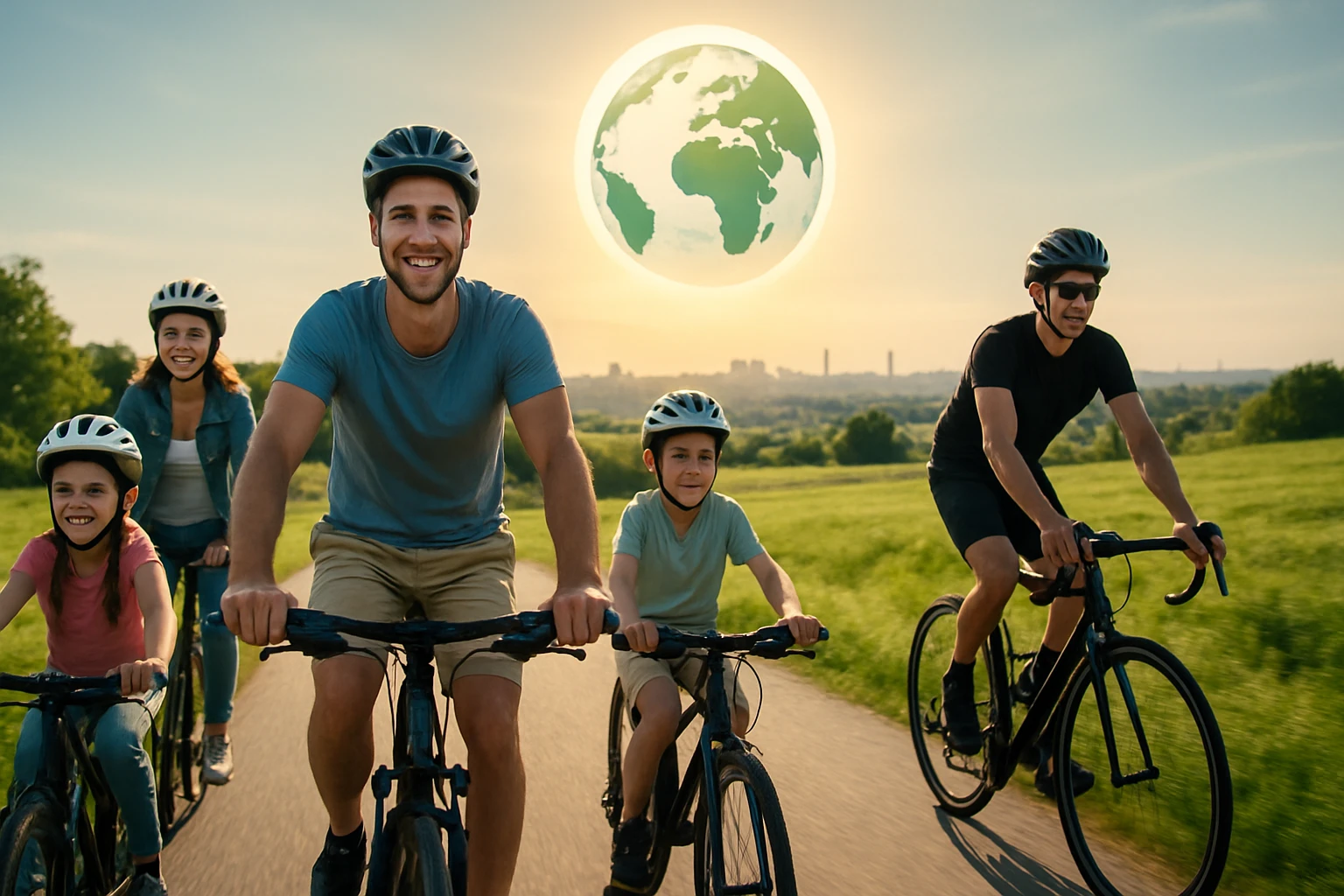 Család kerékpározik a természetben, a háttérben a Föld képe látható.