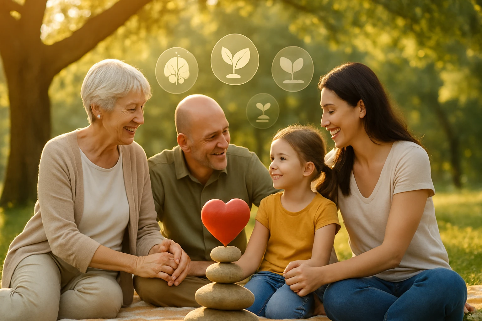 Egy család ül a fűben, boldogan néznek egy kislányra, aki kövekből épített szívet mutat.
