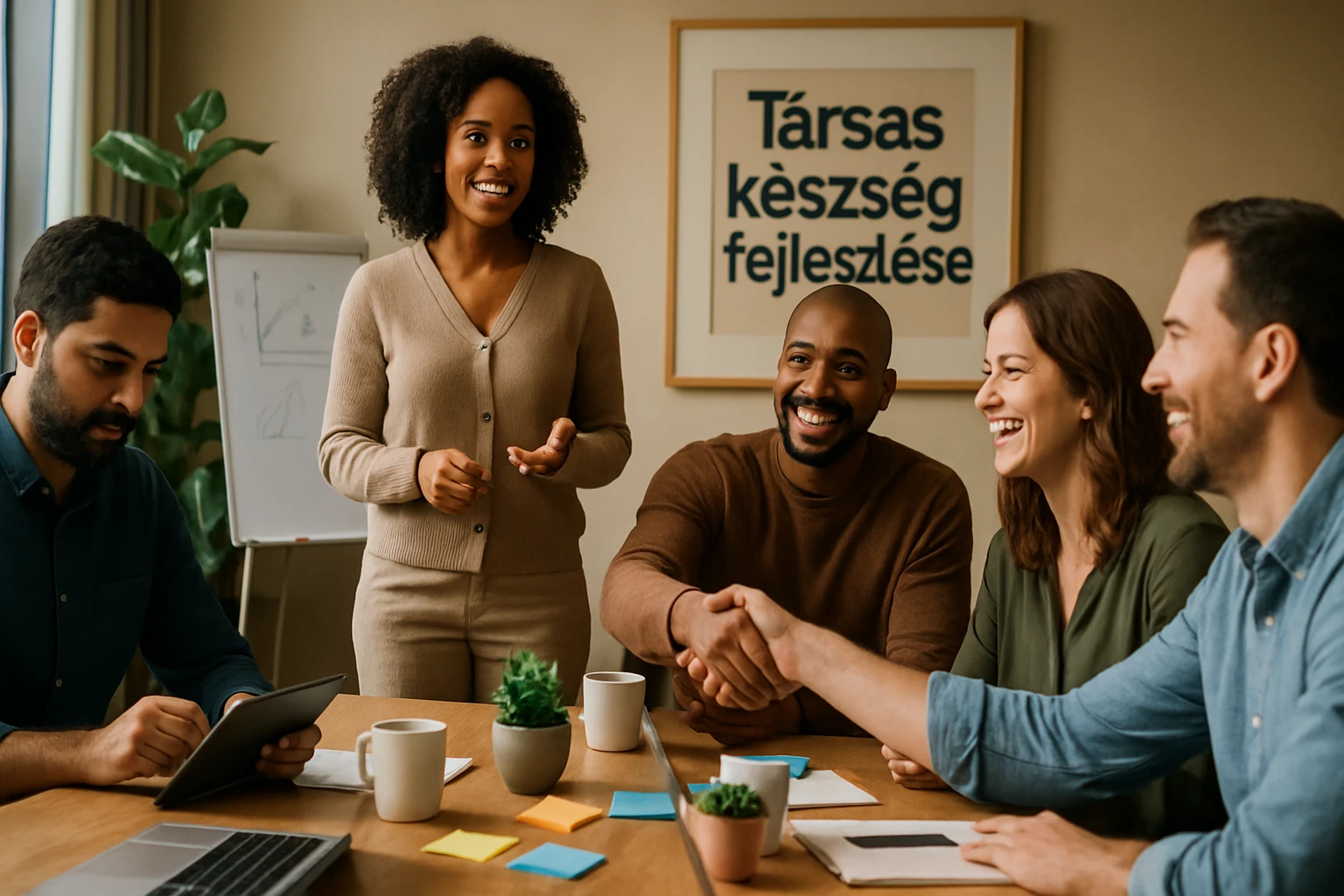 Egy csapat tagjai egy megbeszélésen, ahol a nő beszél, a férfiak figyelnek.