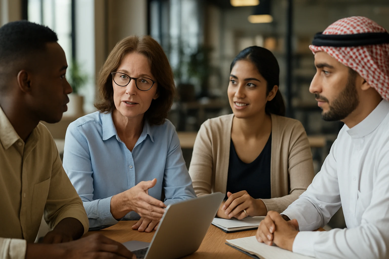 Négy ember ül egy asztalnál, beszélgetnek és laptopot néznek.