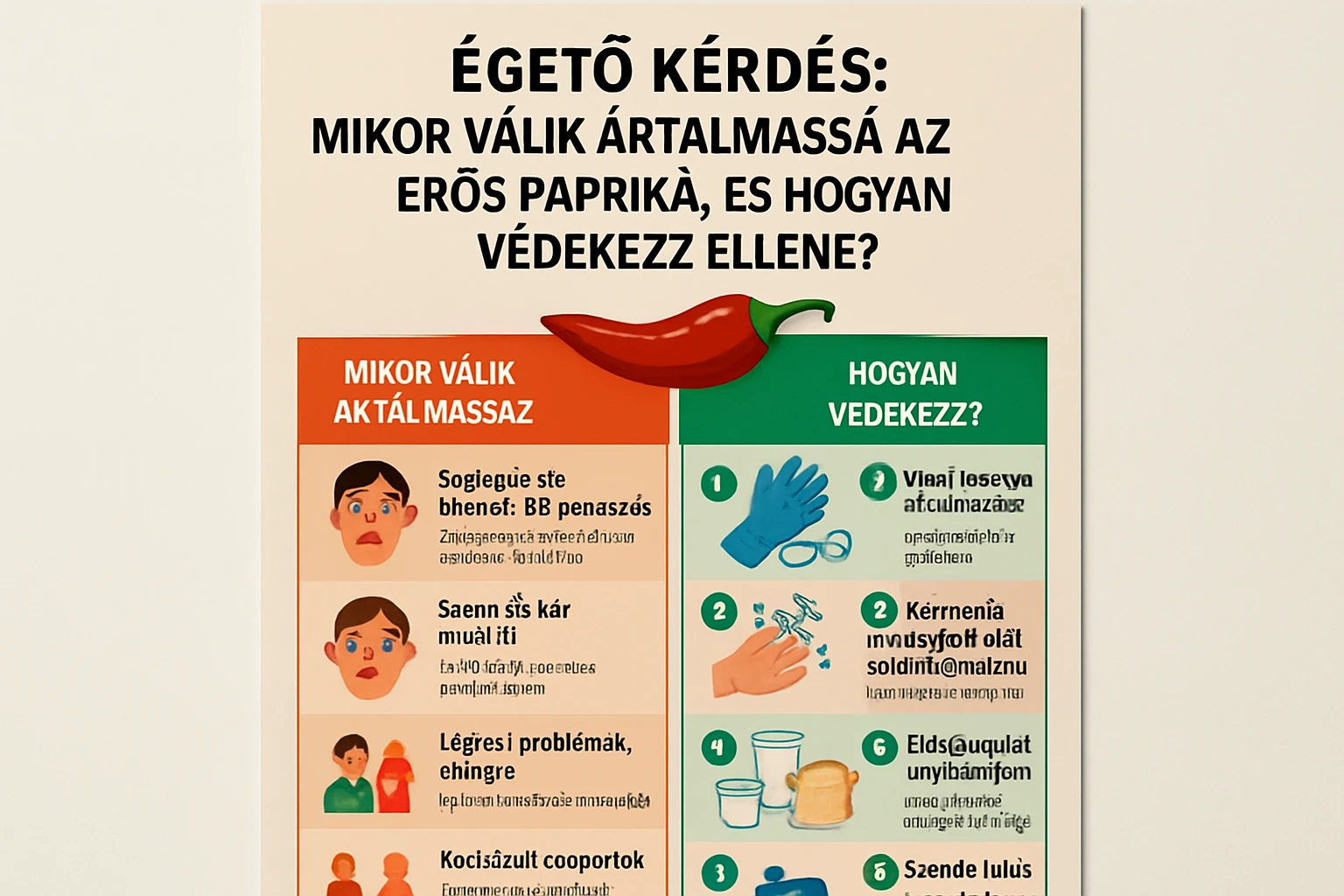 Egy információs poszter a csípős paprika használatáról és védelmi intézkedésekről.