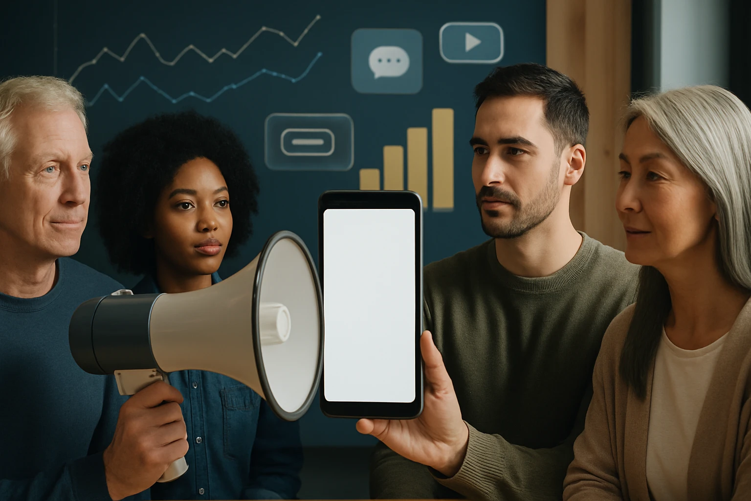 Négy ember egy csoportban, egy megafon és egy üres telefon képernyője látható.
