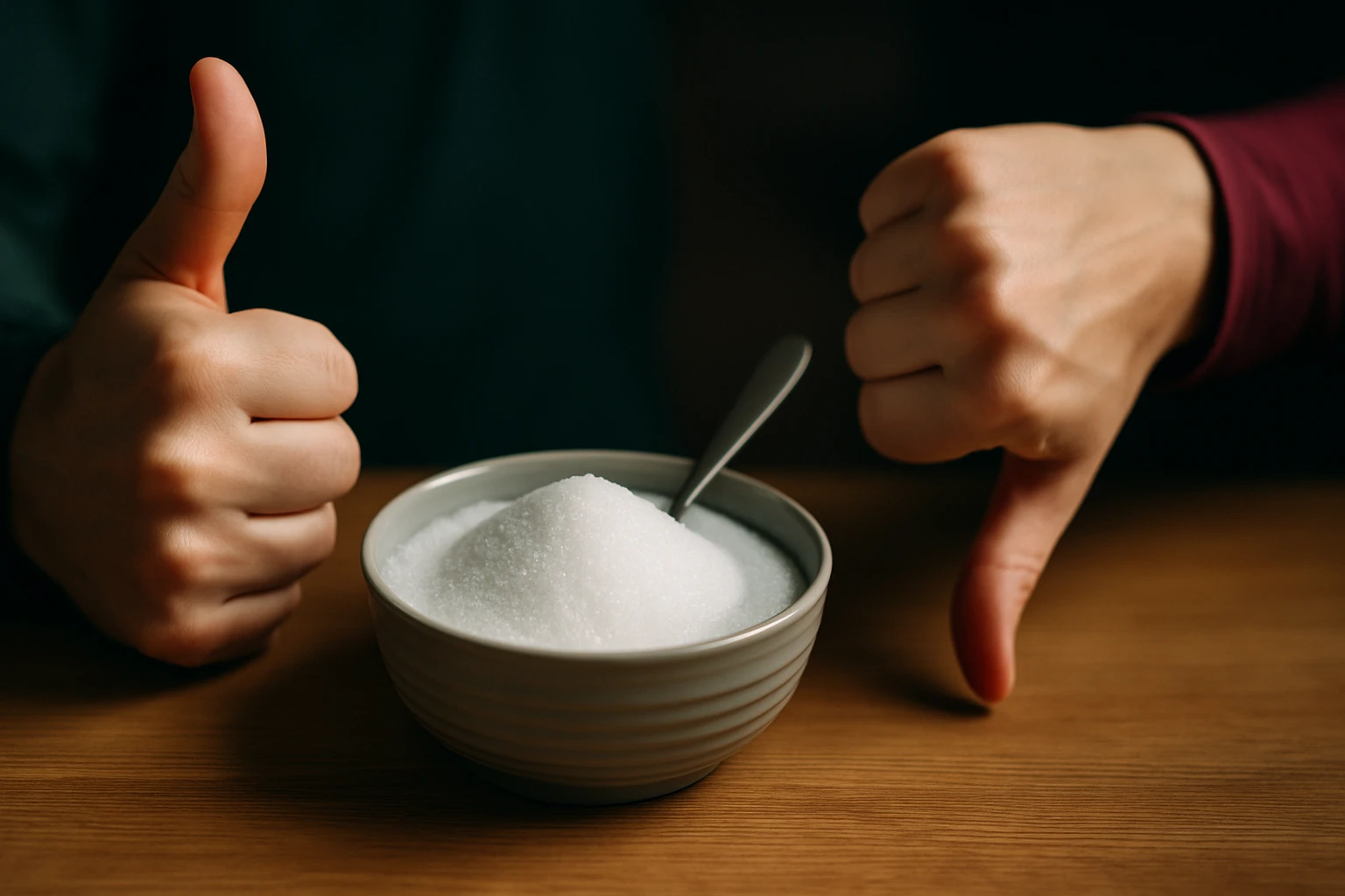 Két kéz, az egyik a cukorra mutat, a másik elutasító jelzést ad.