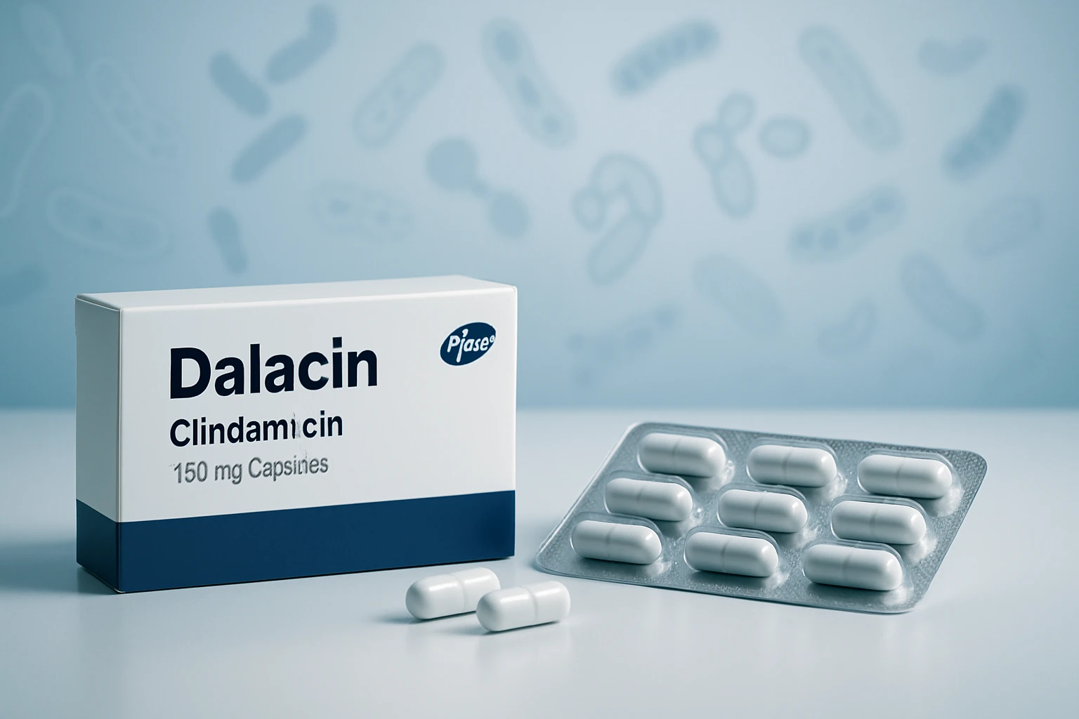 A Dalacin gyógyszer doboza és kapszulái, háttérben baktériumokkal.