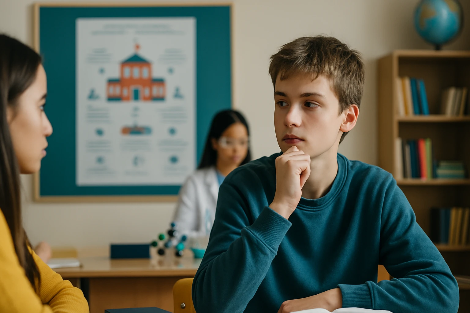 Két diák beszélget egy osztályteremben, a háttérben egy tanár dolgozik.