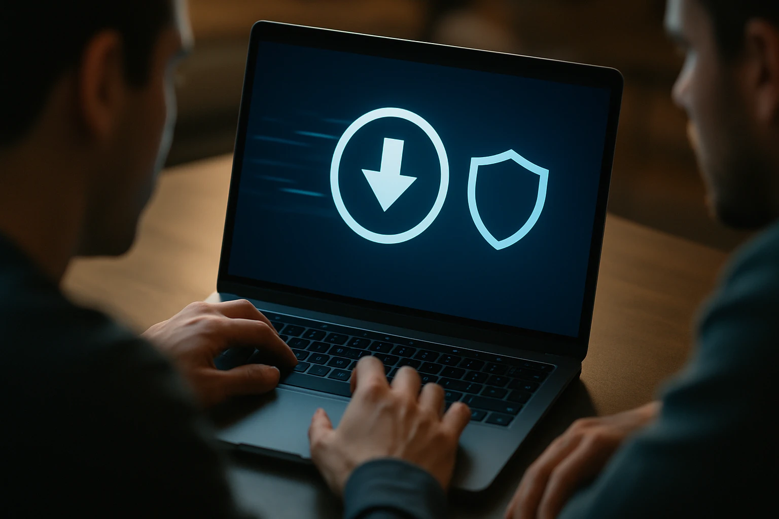 Két férfi laptop előtt ül, a képernyőn letöltési és védelmi ikonok láthatók.