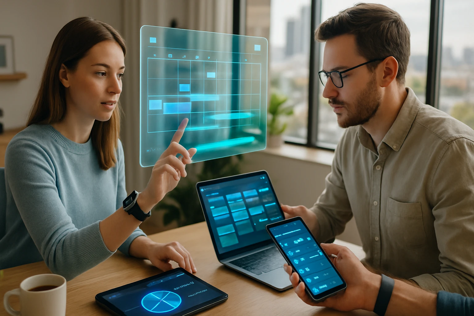 Két fiatal szakember digitális eszközökkel dolgozik, holografikus kijelzőt használnak.