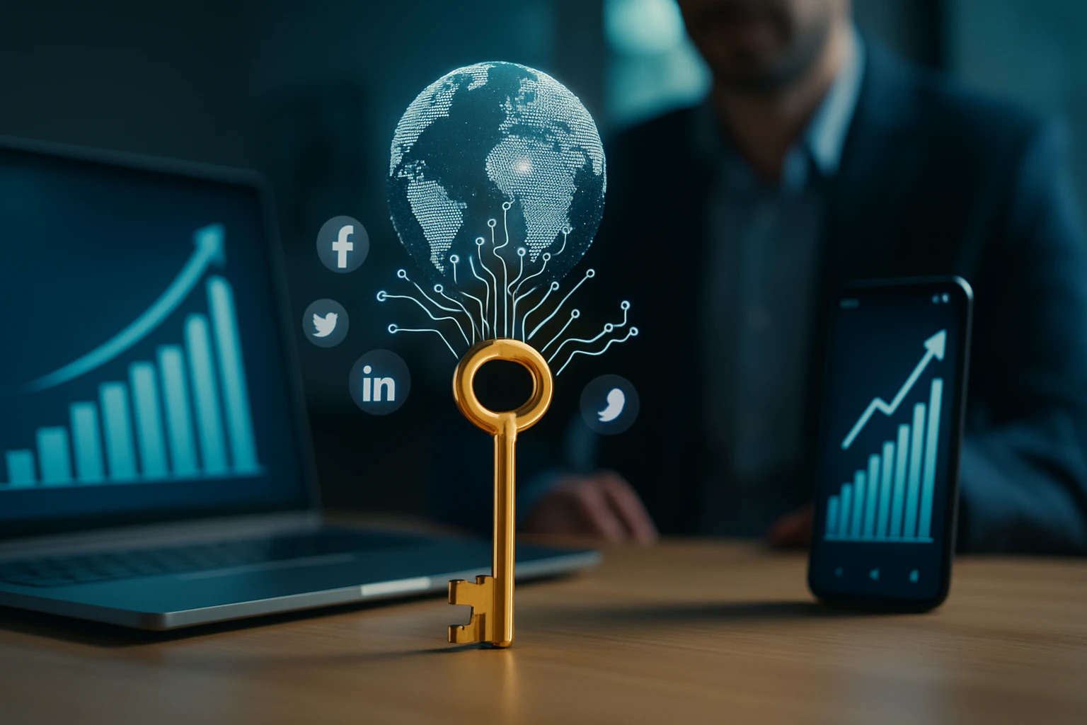 Egy arany kulcs, amelyből digitális hálózatok és a Föld gömbje emelkedik ki, háttérben grafikonokkal.