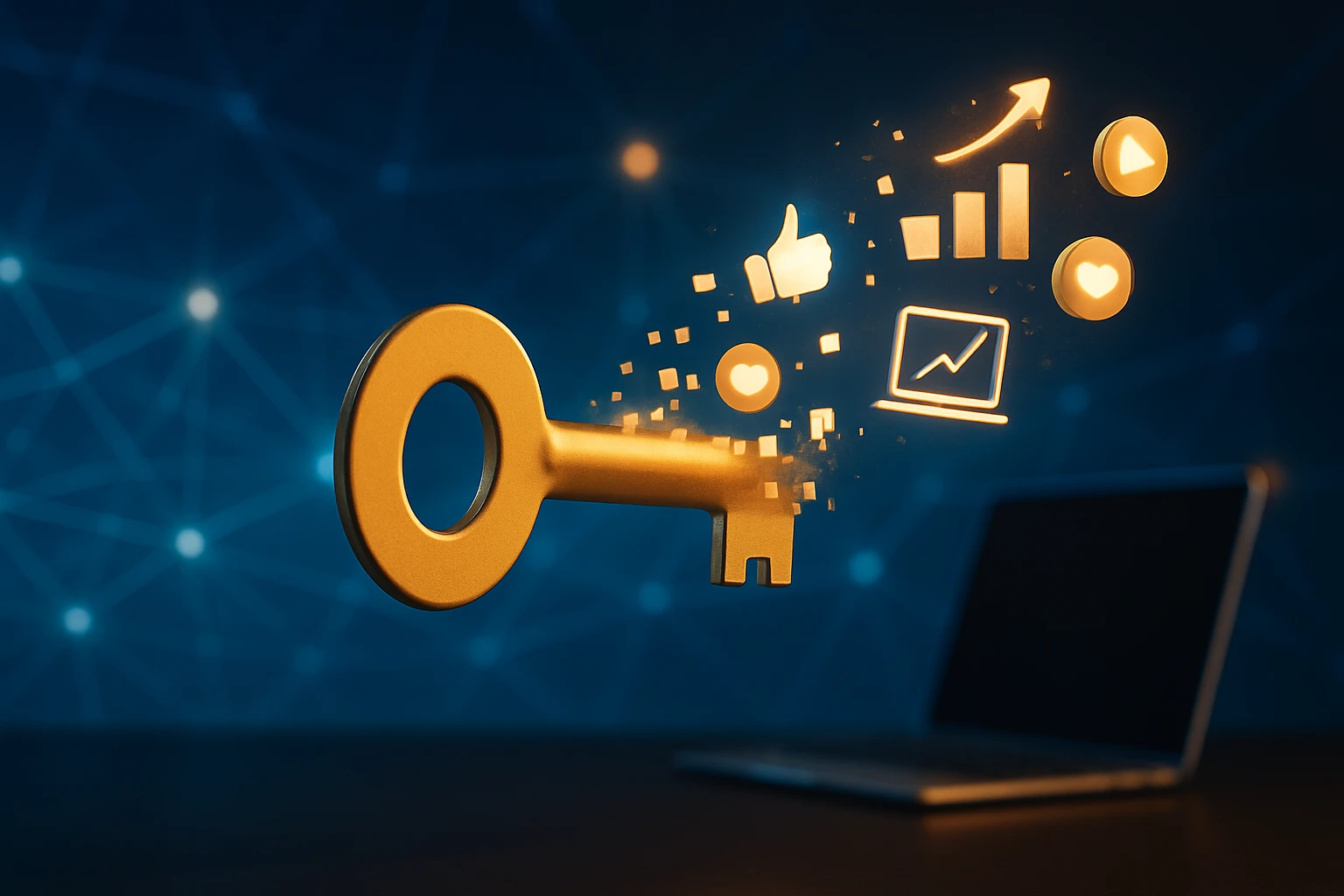 Egy arany kulcs lebeg, körülötte digitális ikonok, mint például grafikonok és szívek.