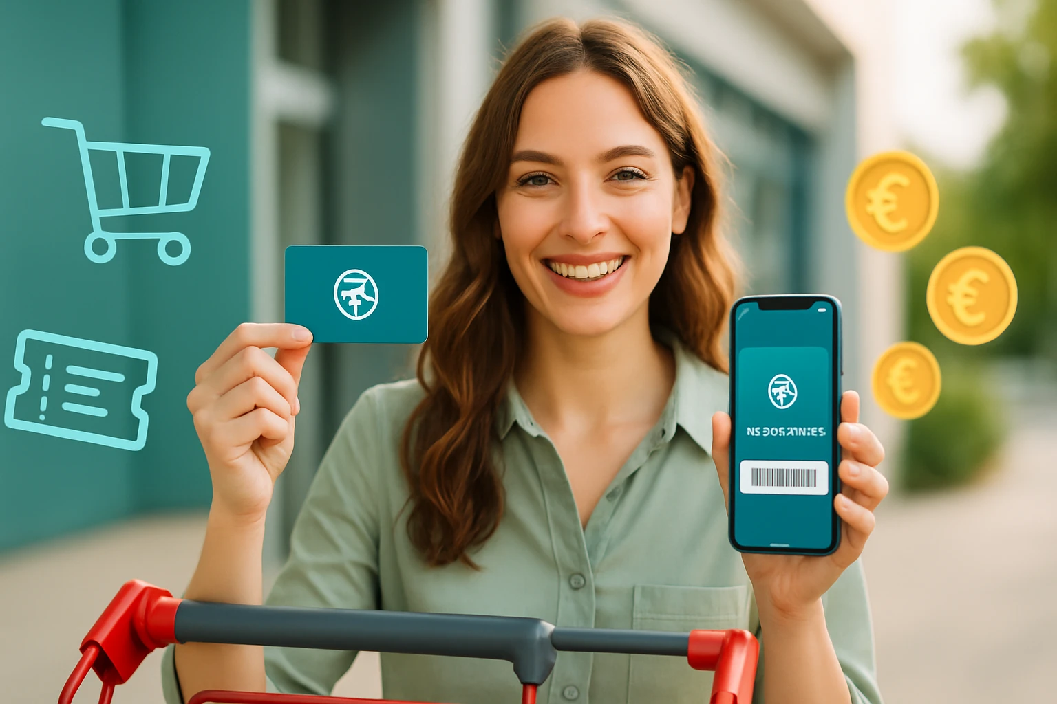 Egy fiatal nő mosolyogva tart egy mobiltelefont és egy kártyát, vásárlási szimbólumokkal a háttérben.