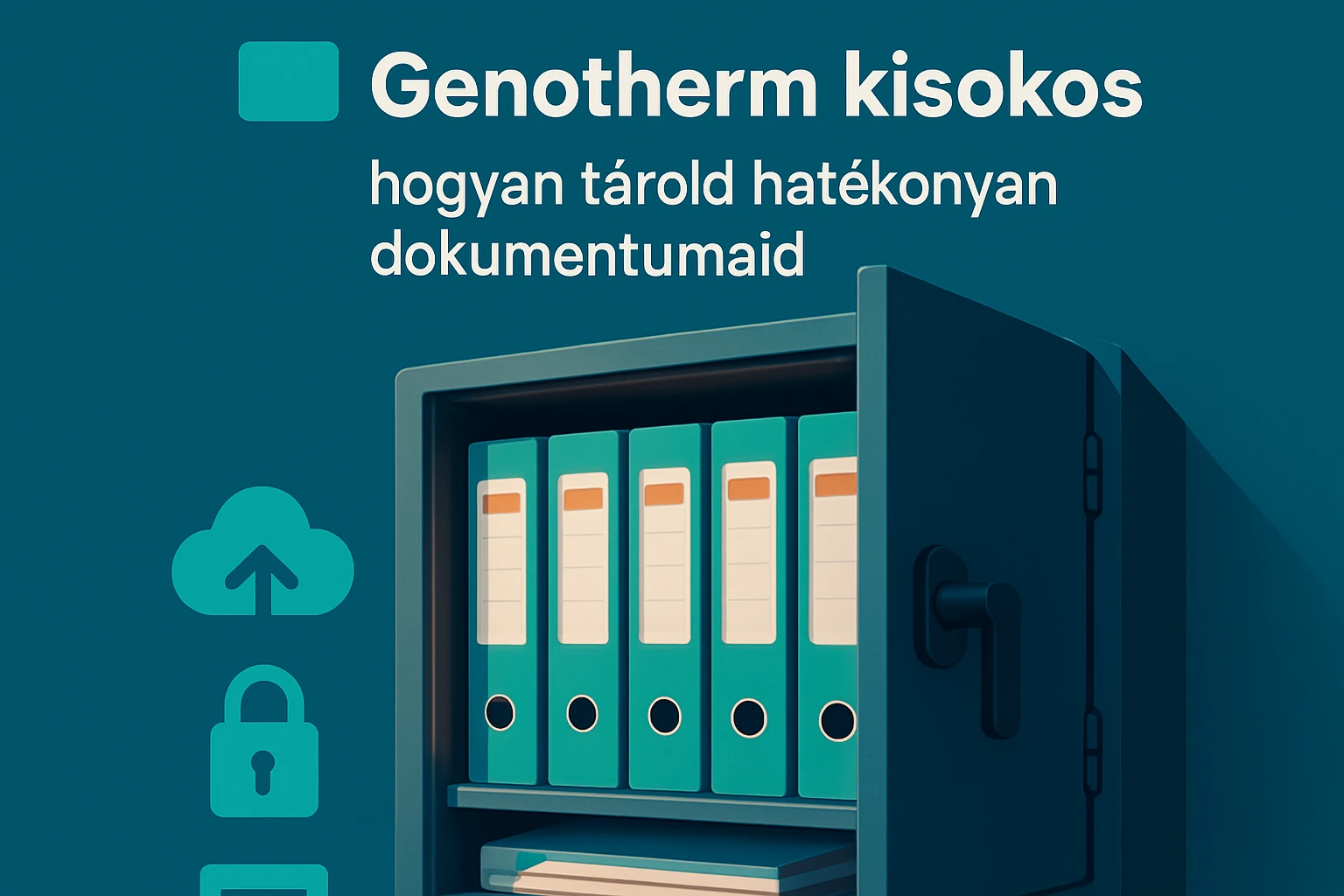 Zöld mappák egy nyitott irattartóban, háttérben felhő és zár ikonok.