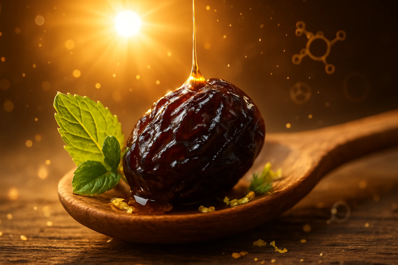 Egy fakanálon elhelyezett datolya, méz csorog róla, friss mentalevelekkel díszítve.