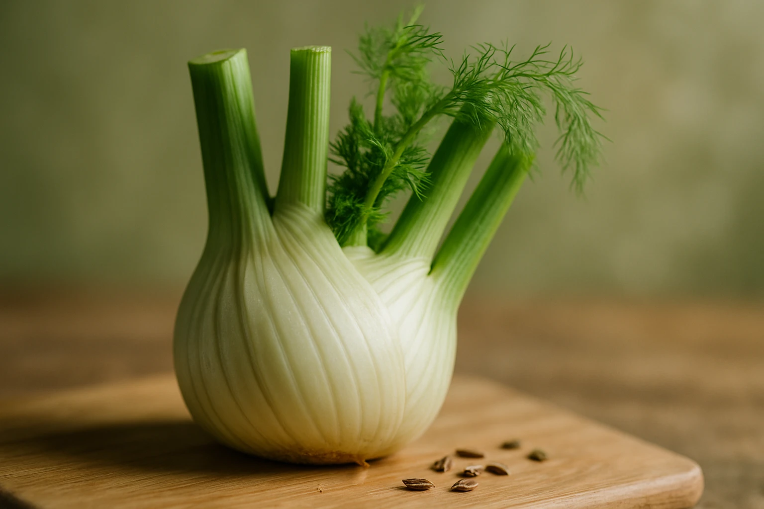 Friss édeskömény zöld szárakkal és levelekkel, fából készült deszkán.