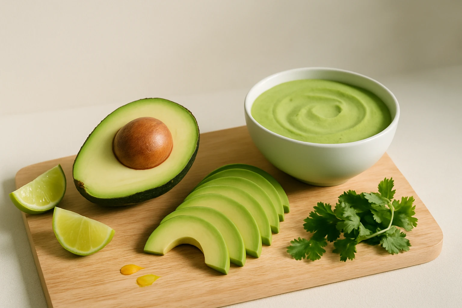 Friss avokádó, lime, koriander és zöld krém egy vágódeszkán.