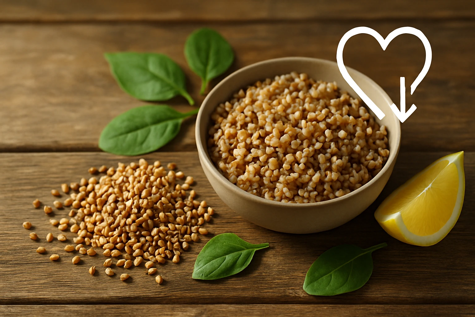 Egy tálban főtt bulgur, mellette citromszelet és friss spenótlevelek.