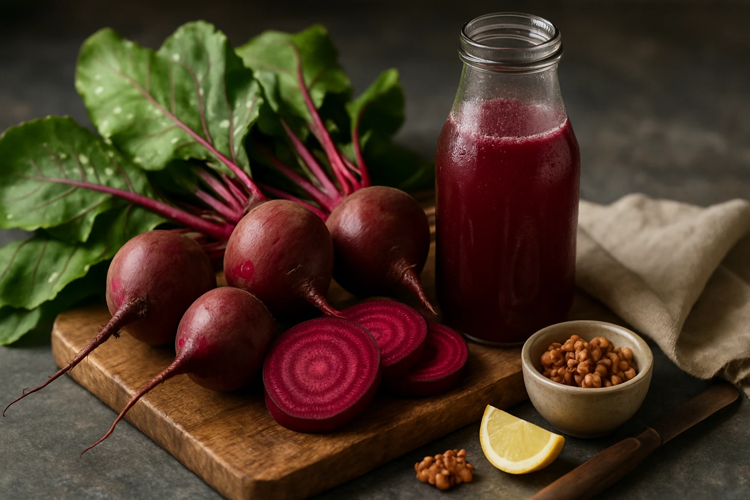 Friss céklák, cékla lé és citrom egy fából készült deszkán.