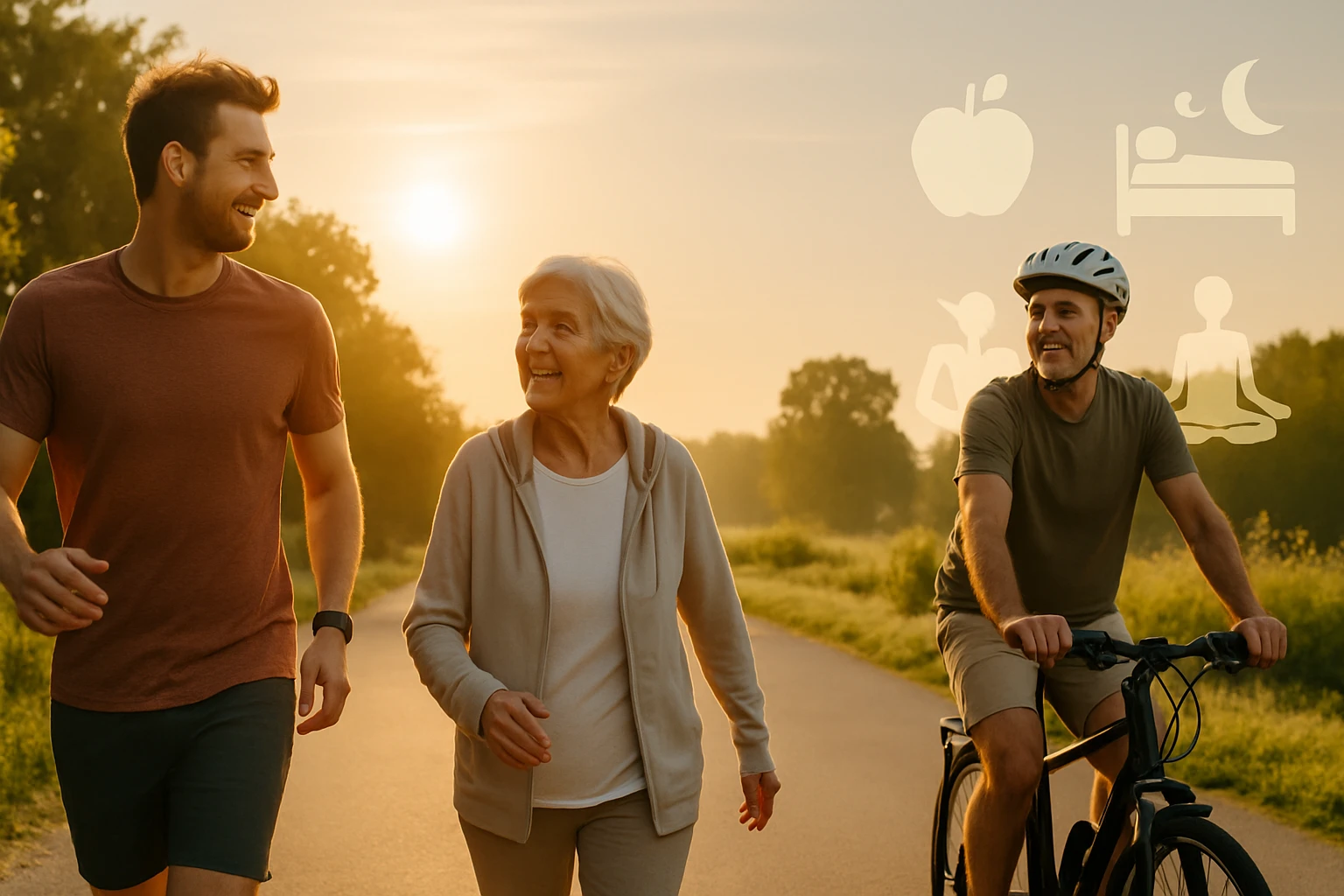 Két ember sétál a naplementében, egy idős nő és egy fiatal férfi, miközben egy kerékpáros is látható.