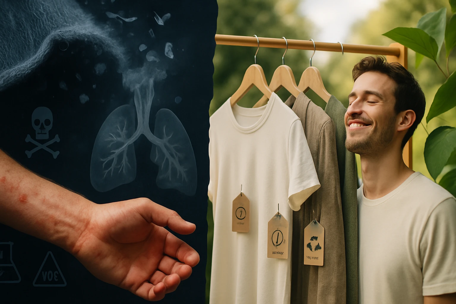 Egy fiatal férfi mosolyogva áll egy ruhafogas mellett, miközben a háttérben tüdő és mérgező anyagok láthatók.