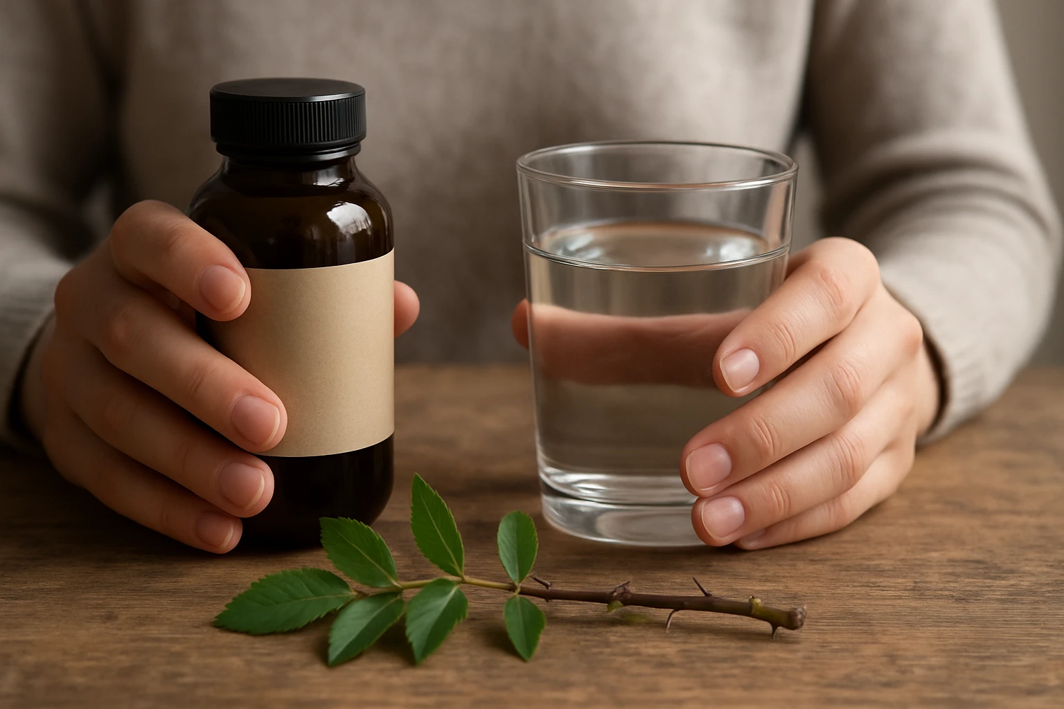 Két kéz egy barna üveget és egy pohár vizet tart, zöld levelekkel.