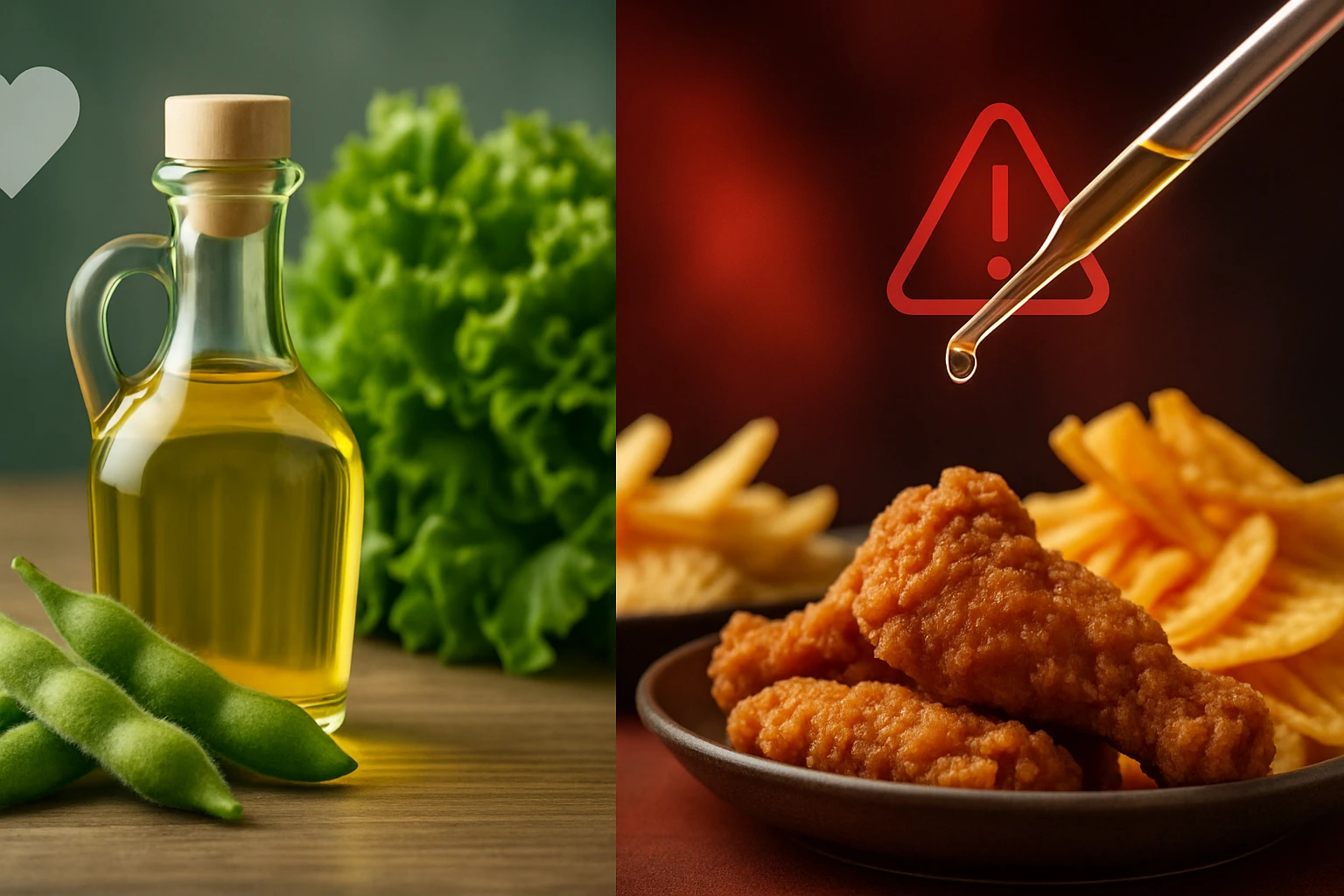 Egy üveg olívaolaj, zöld saláta és zöldborsó, valamint sült csirke és hasábburgonya.