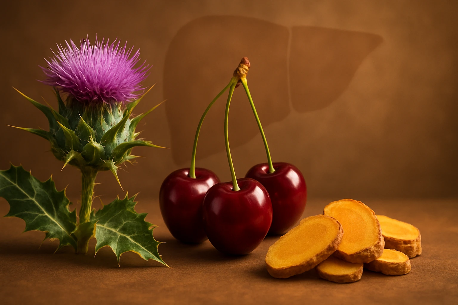 Egy lila virágú bogáncs, három cseresznye és gyömbérszeletek egy barna háttér előtt.