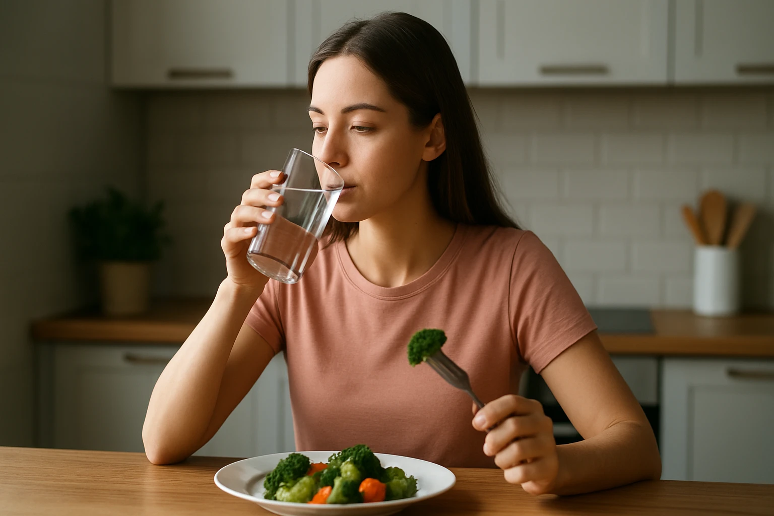 Egy fiatal nő zöldségeket eszik, miközben vizet iszik.