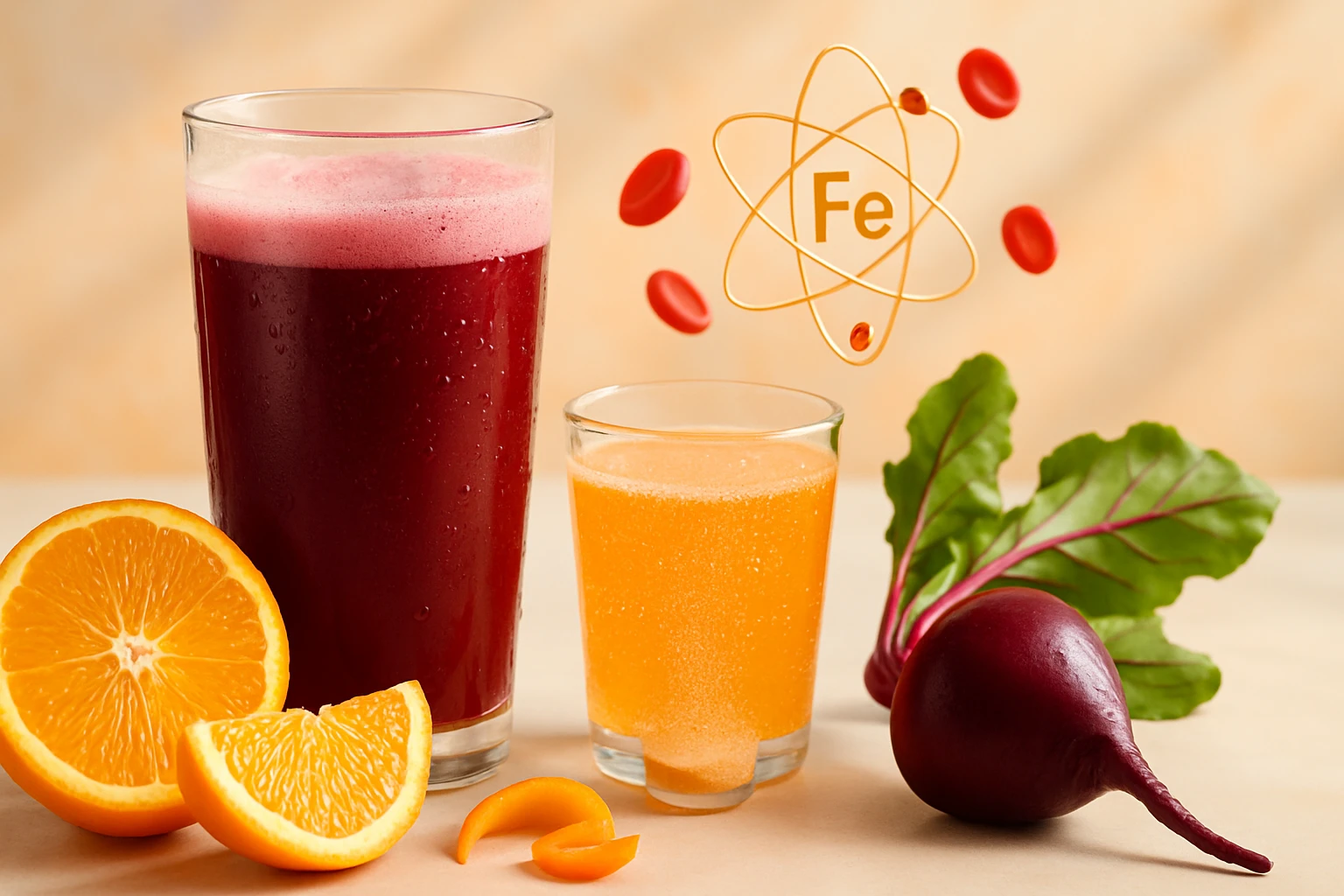 Két különböző gyümölcslé, narancs és cékla mellett, vas szimbólummal.