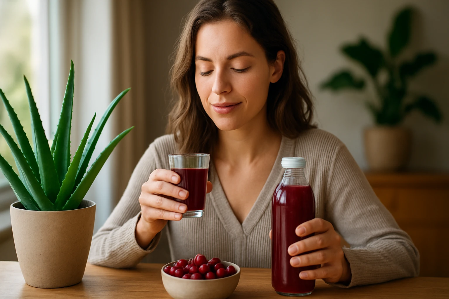 Egy fiatal nő piros gyümölcslevet iszik, mellette gyümölcsök és növények.
