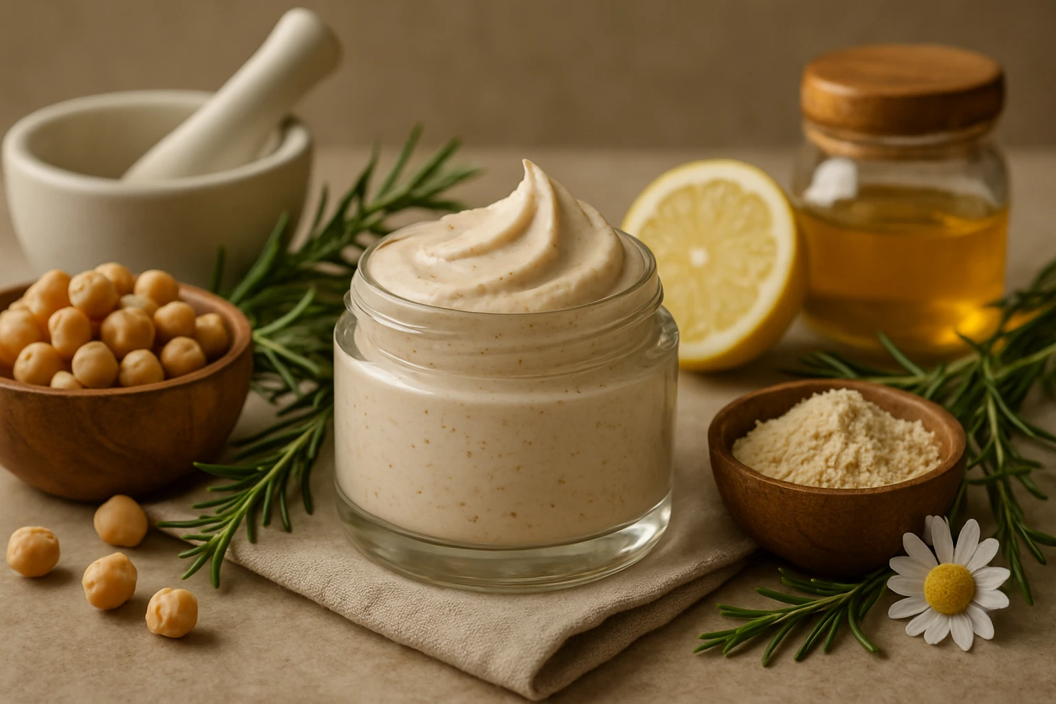 Egy üvegben krémes állagú humusz, mellette csicseriborsó, citrom és fűszernövények.