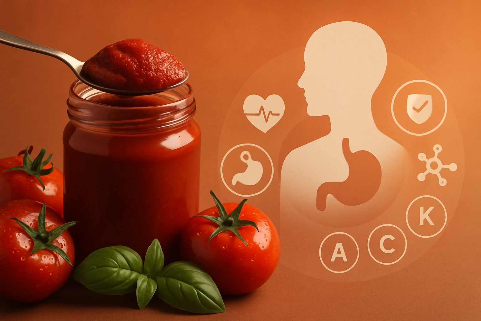 Egy üveg paradicsomszósz, friss paradicsomok és bazsalikomlevél mellett.