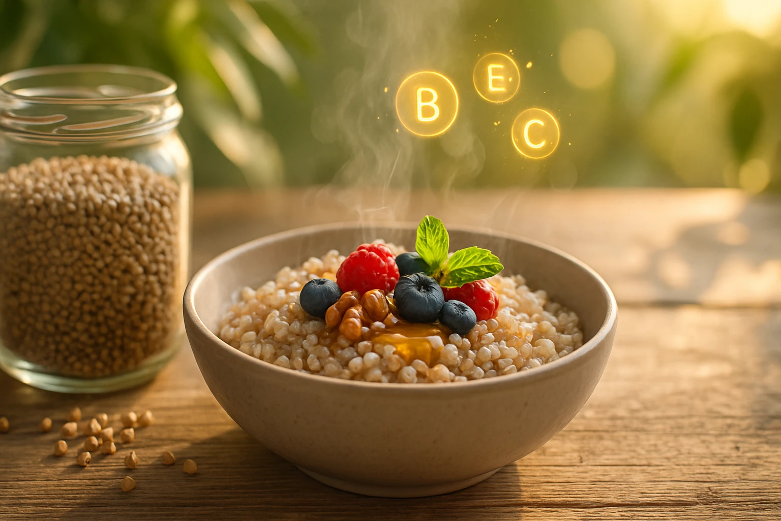 Gőzölgő tál zabkása friss gyümölcsökkel és dióval díszítve.