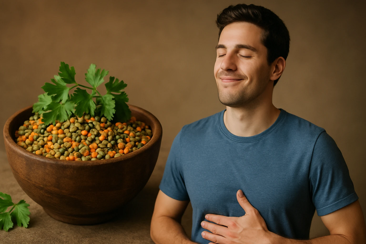 Egy fiatal férfi mosolyogva áll egy tál zöldborsó és sárgarépa keverék mellett.