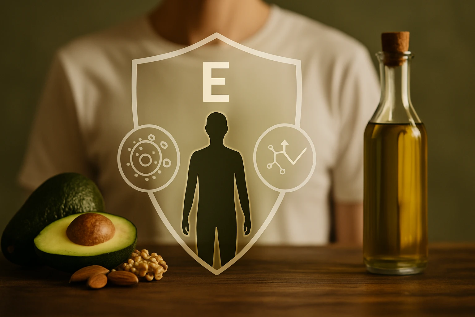 Egy emberi alak körül védőpajzs, avokádó, dió és olívaolaj társaságában.