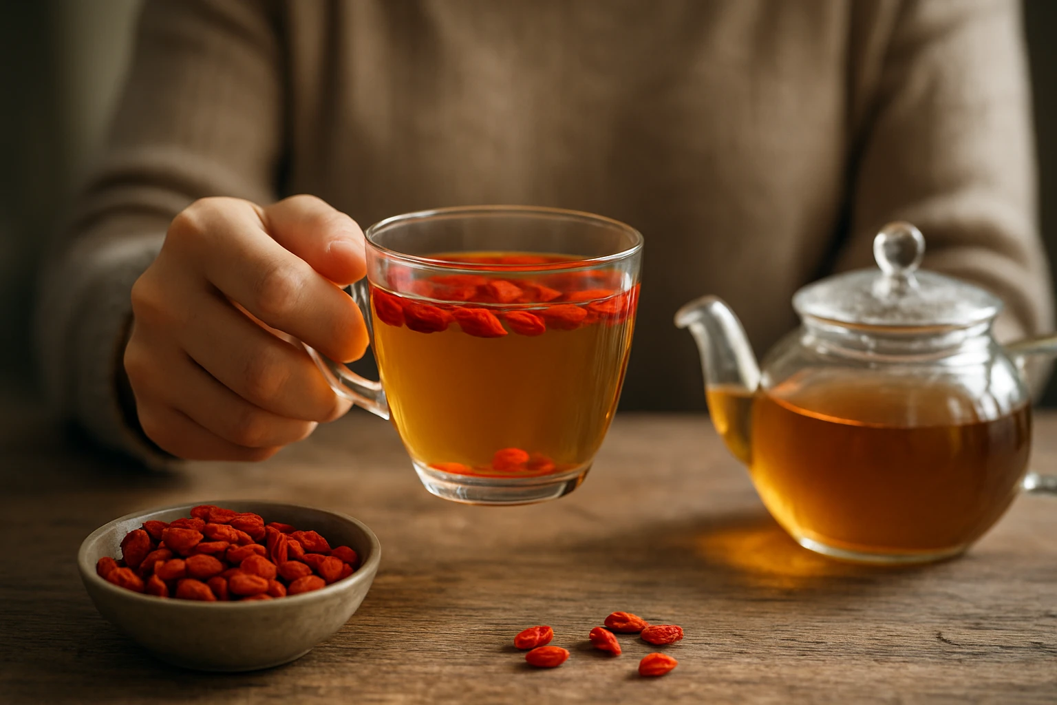 Egy kéz egy átlátszó pohár teát tart, goji bogyókkal díszítve.