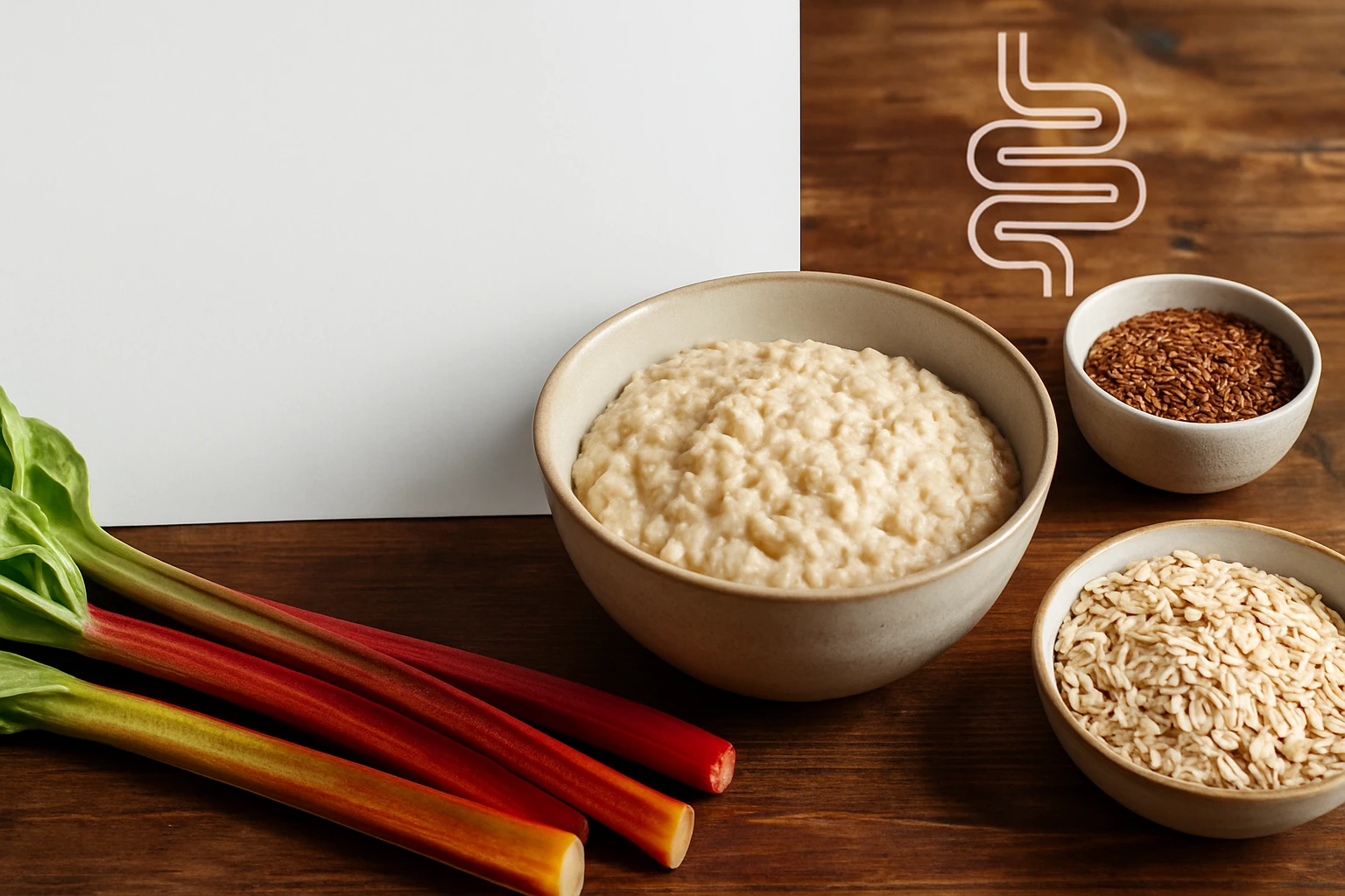 Egy tál zabkása, mellette zöld rebarbara és különböző magvak.