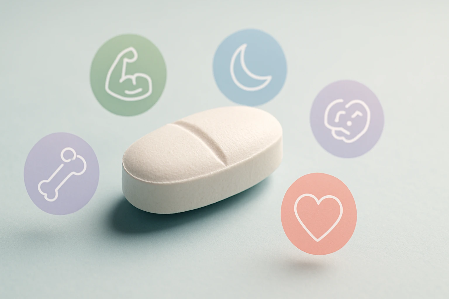 Egy fehér tabletta körül színes ikonok, amelyek az egészséget szimbolizálják.