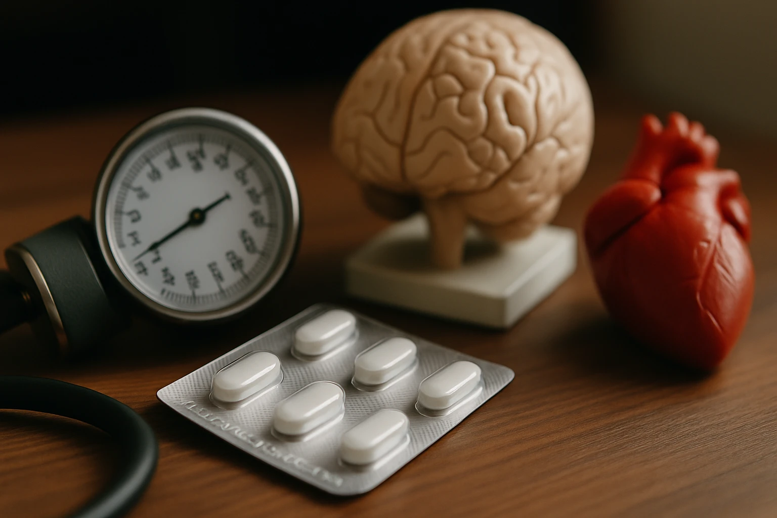 Egy vérnyomásmérő, agy és szív modell, valamint gyógyszerek láthatók egy asztalon.