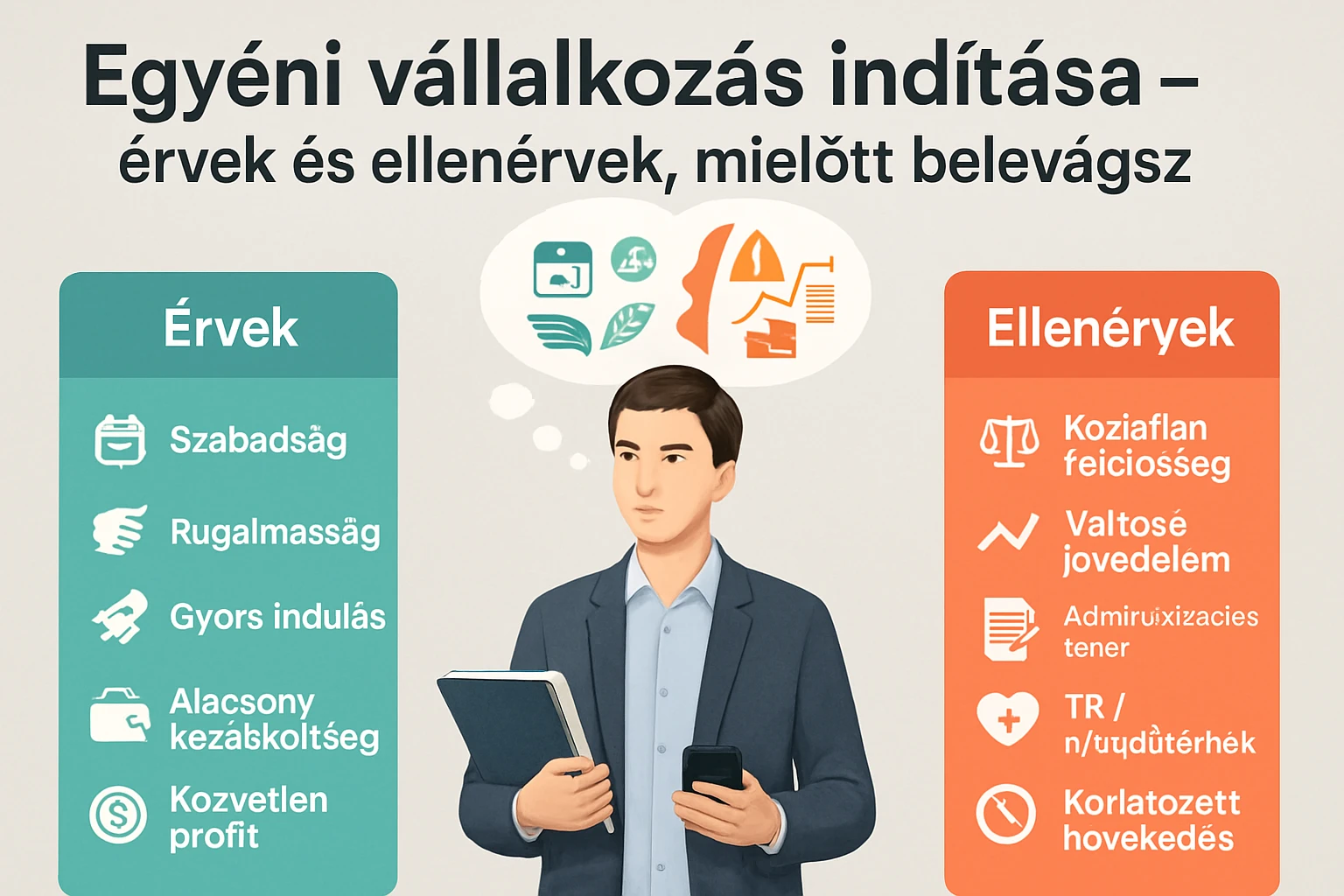 Egy fiatal férfi áll, kezében notesz és telefon, gondolkodva az egyéni vállalkozás előnyein és hátrányain.