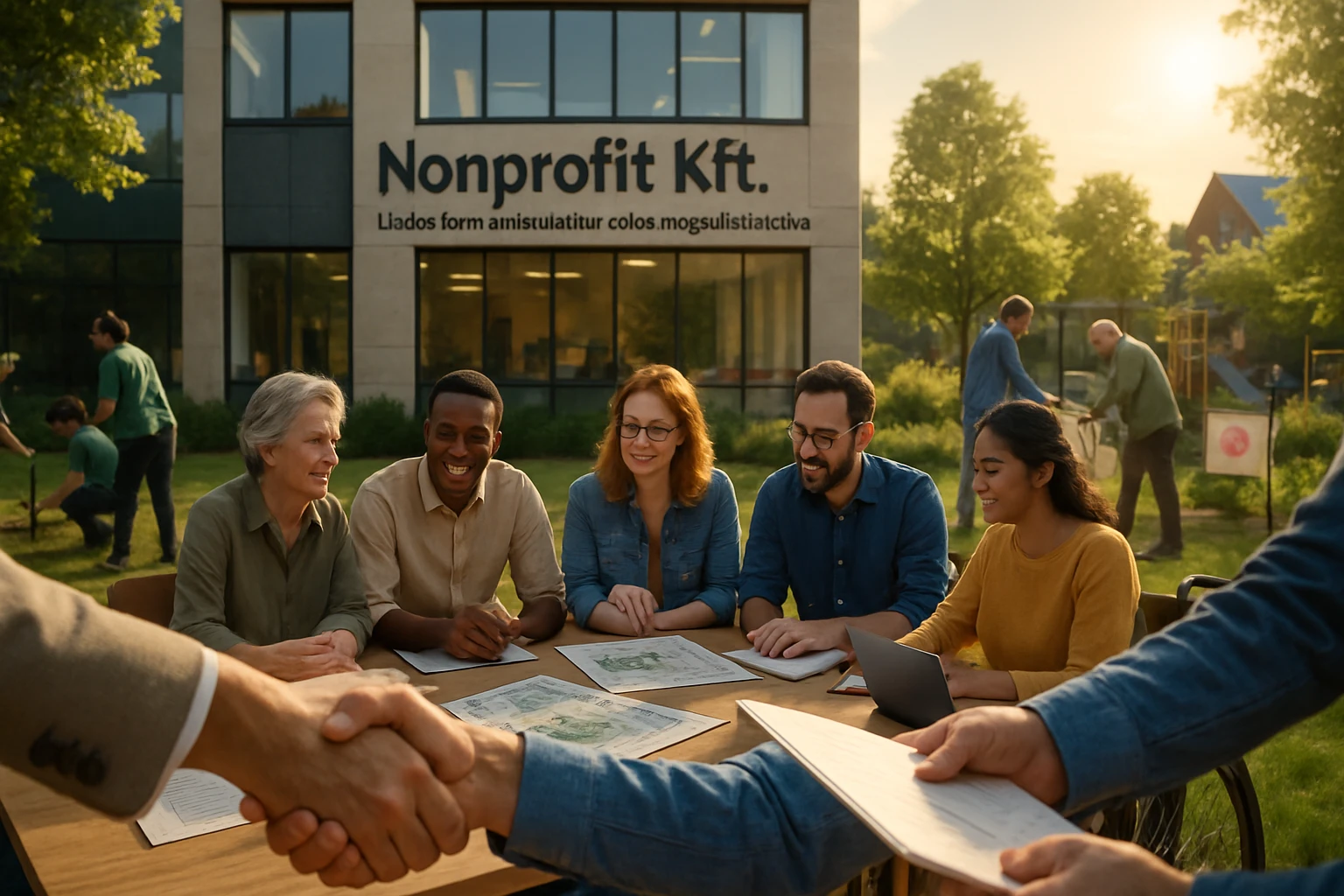 Egy nonprofit szervezet munkatársai ülnek egy asztalnál, dokumentumokat néznek.